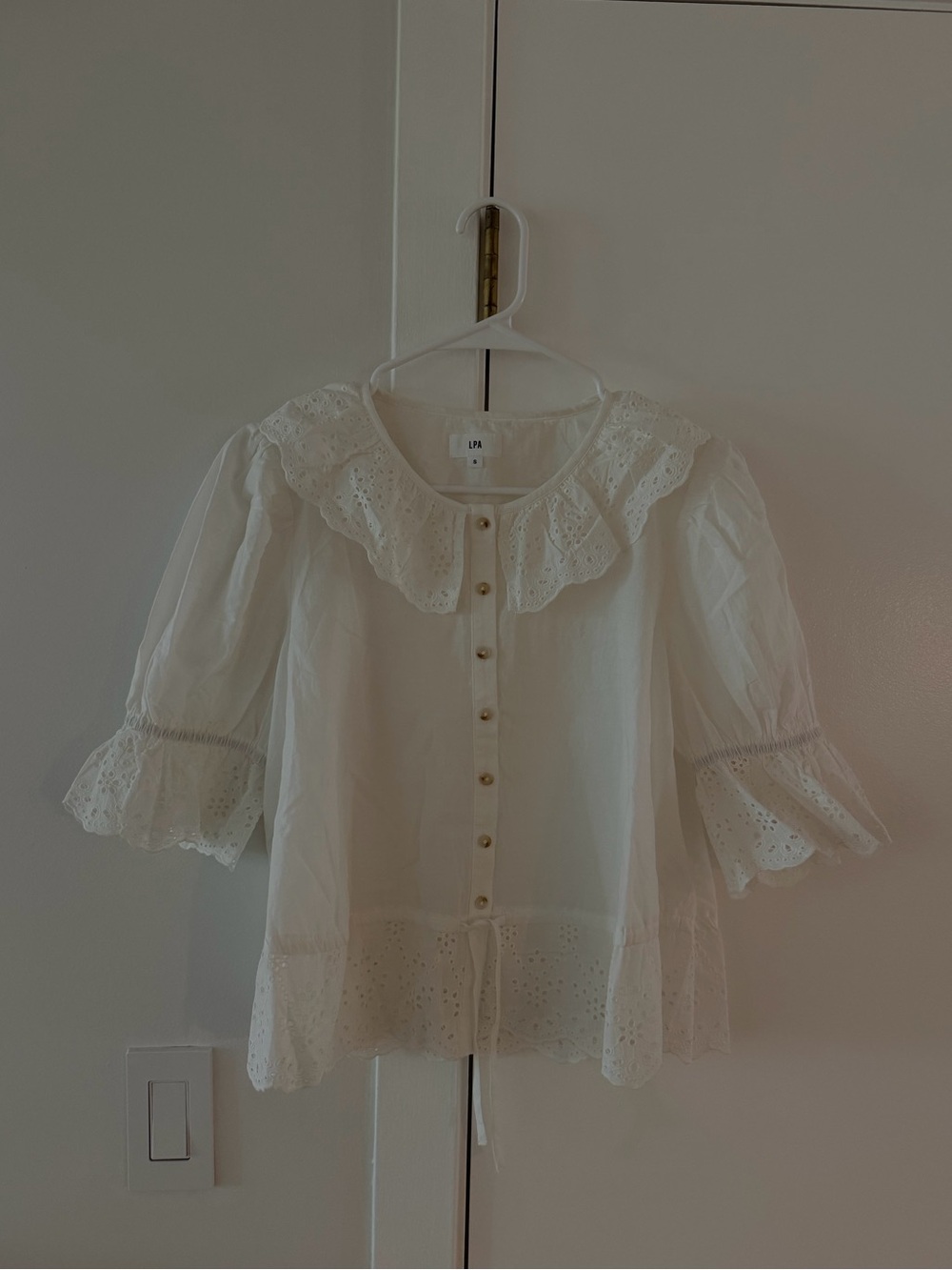 LPA Jen Blouse | White Eyelet Ruffle Button Blouse